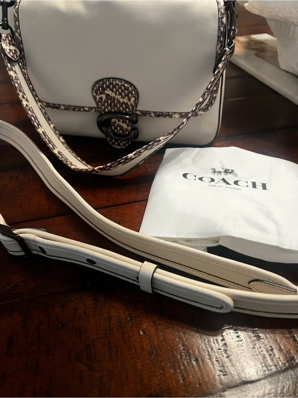 NEW COACH Tabby Handbag — Cream with Snake Print Trim, Gunmetal Hardware